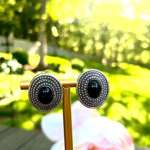 VINTAGE EMMONS PAT PEND SIGNED SILVER & BLACK CLIP EARRINGS